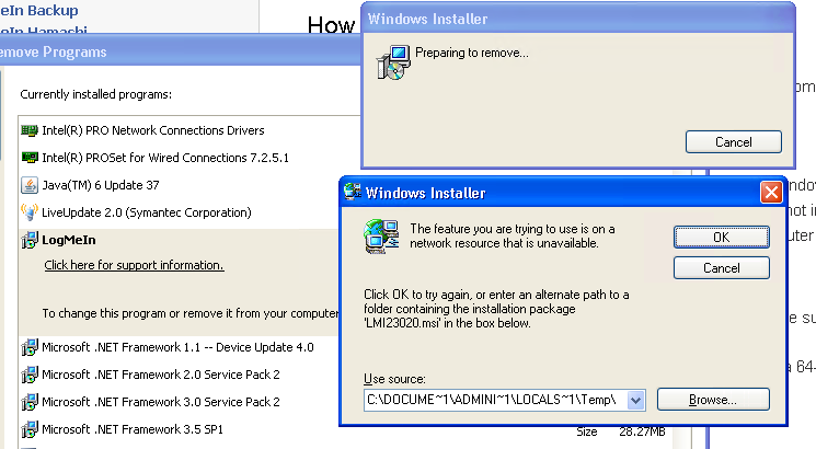 Example LogMeIn Uninstall Error