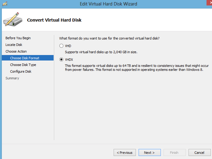 Hyper-V Manager convert VHD / VHDX files