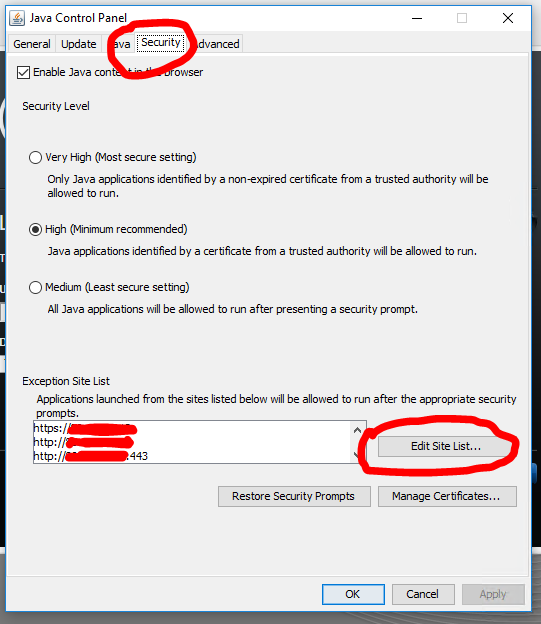 Java Security Settings Site List
