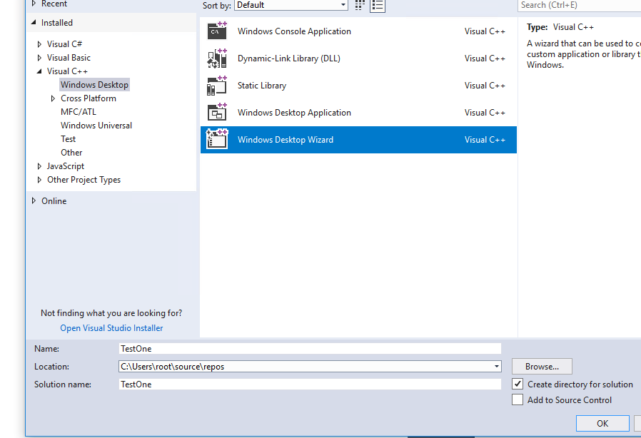 Visual Studio 2017 Create Desktop Project Wizard