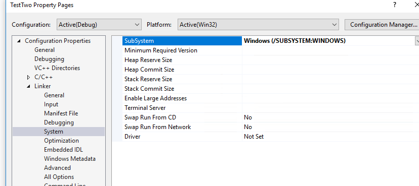 Visual Studio Project Properties Linker Subsystem