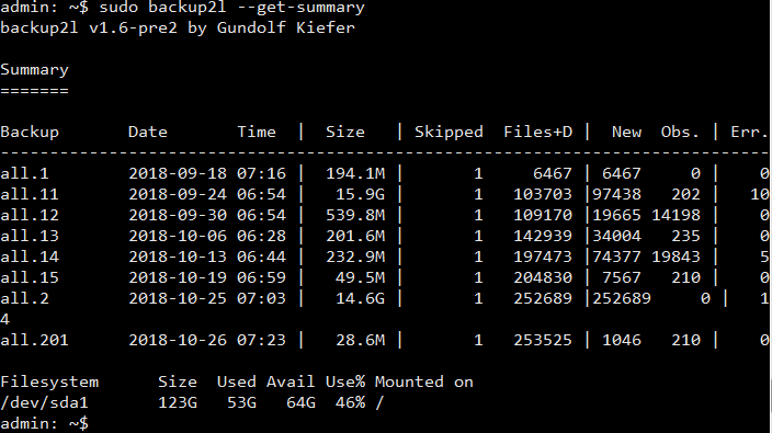 backup2l --get-summary after purge