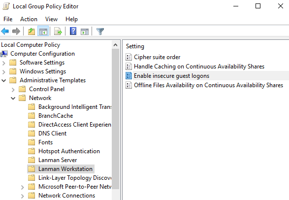 Local Group Policy Lanman Workstation Guest Logon