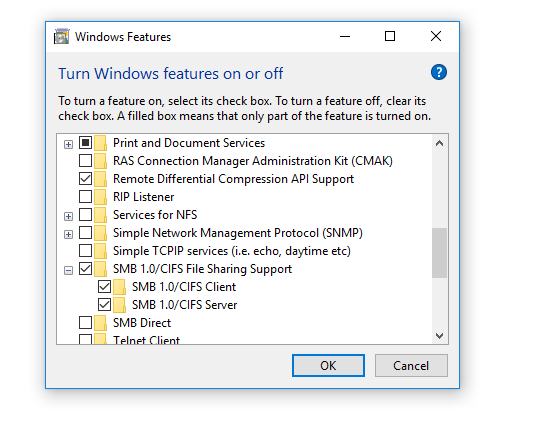 Windows Features SMB 1.0 CIFS